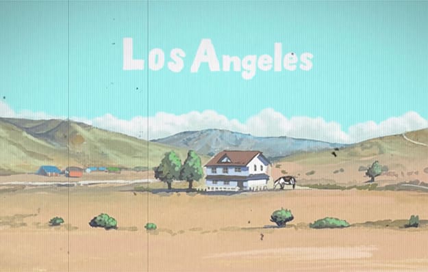 Een wit huisje met een bruin dak staat in een kaal, heuvelachtig prairielandschap. Tegen de turquoise lucht staan in het wit de woorden: Los Angeles. De afbeelding linkt naar de pagina: Artwork en animatie door Tatsuya Yokosaka