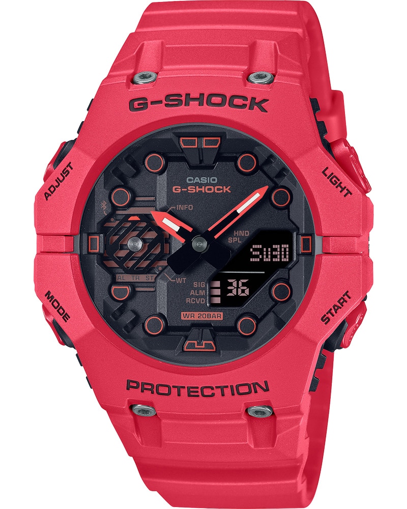 Het “GA-B001” polshorloge met een rode resin band en kast, zwart analoog display en rode puntjes als indexen.