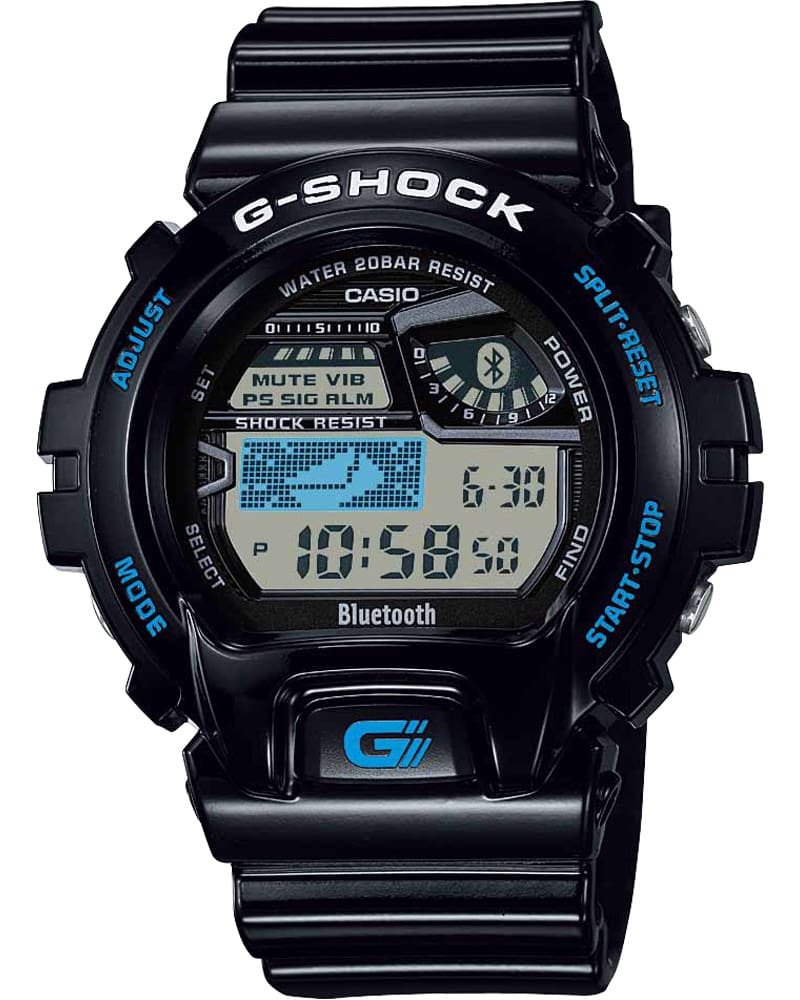 Het G-SHOCK “GB-6900” polshorloge met digitale wijzerplaat, zwarte resin band en lichtblauwe details op de kast.