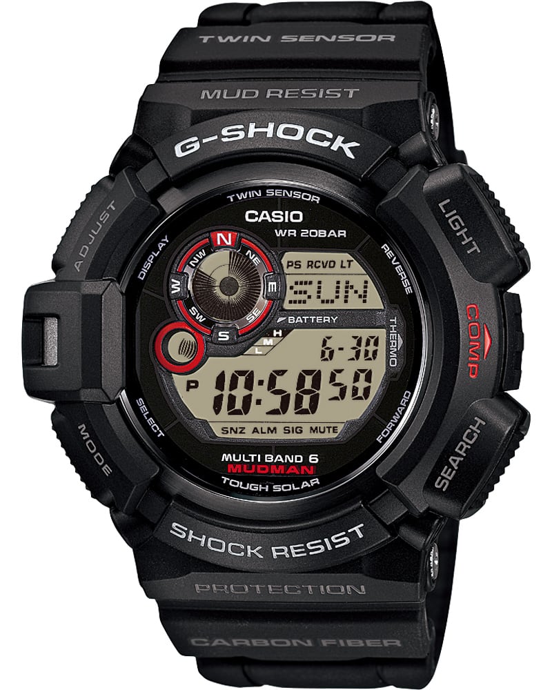 G-SHOCK GW-9300 polshorloge met ronde, massieve kast, harsband en rode details op de kast.
