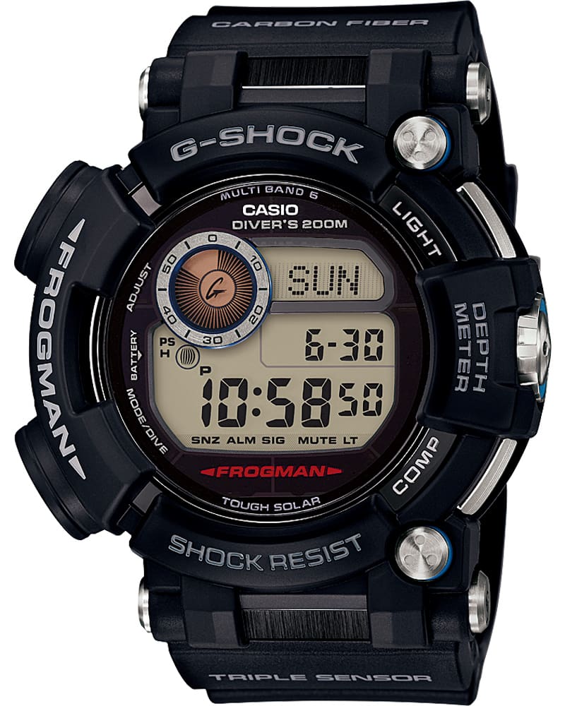 De GWF-D1000 Frogman met zwarte band en kast en asymmetrische digitale display en zilveren details op de kast.