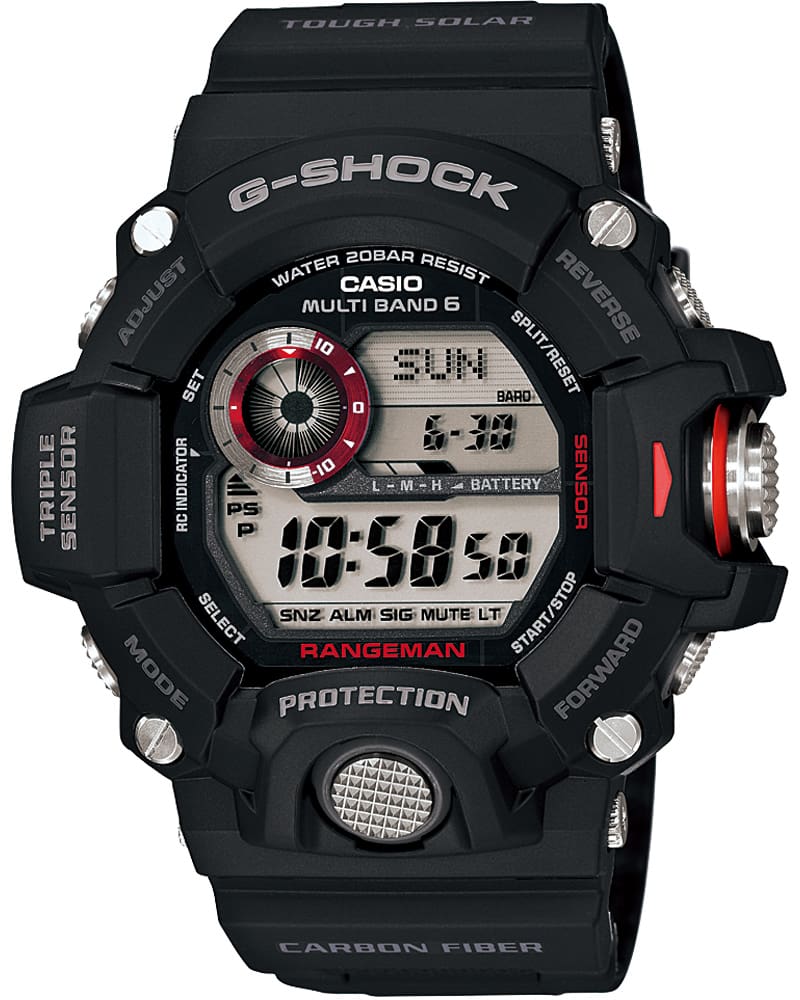 Het zwarte Rangeman polshorloge “GW-9400J” met stevige knoppen links en rechts van de kast en rode details in de digitale display.