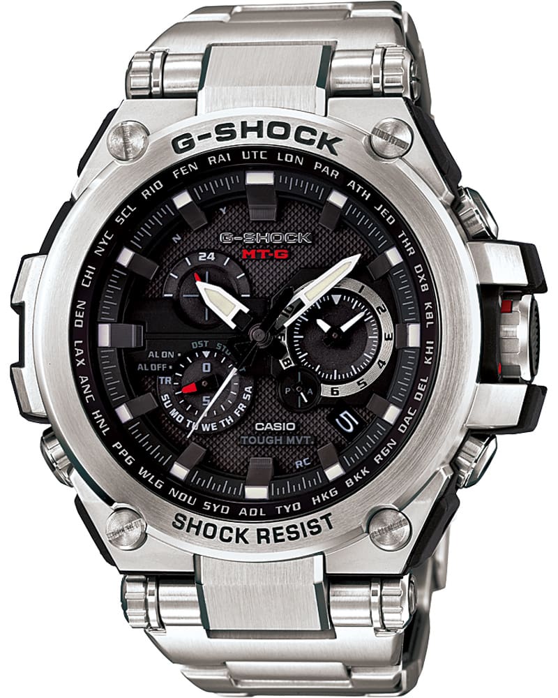 Het G-SHOCK “MTG-S1000” horloge met zilverkleurige metalen band en kast en zwarte analoge display.
