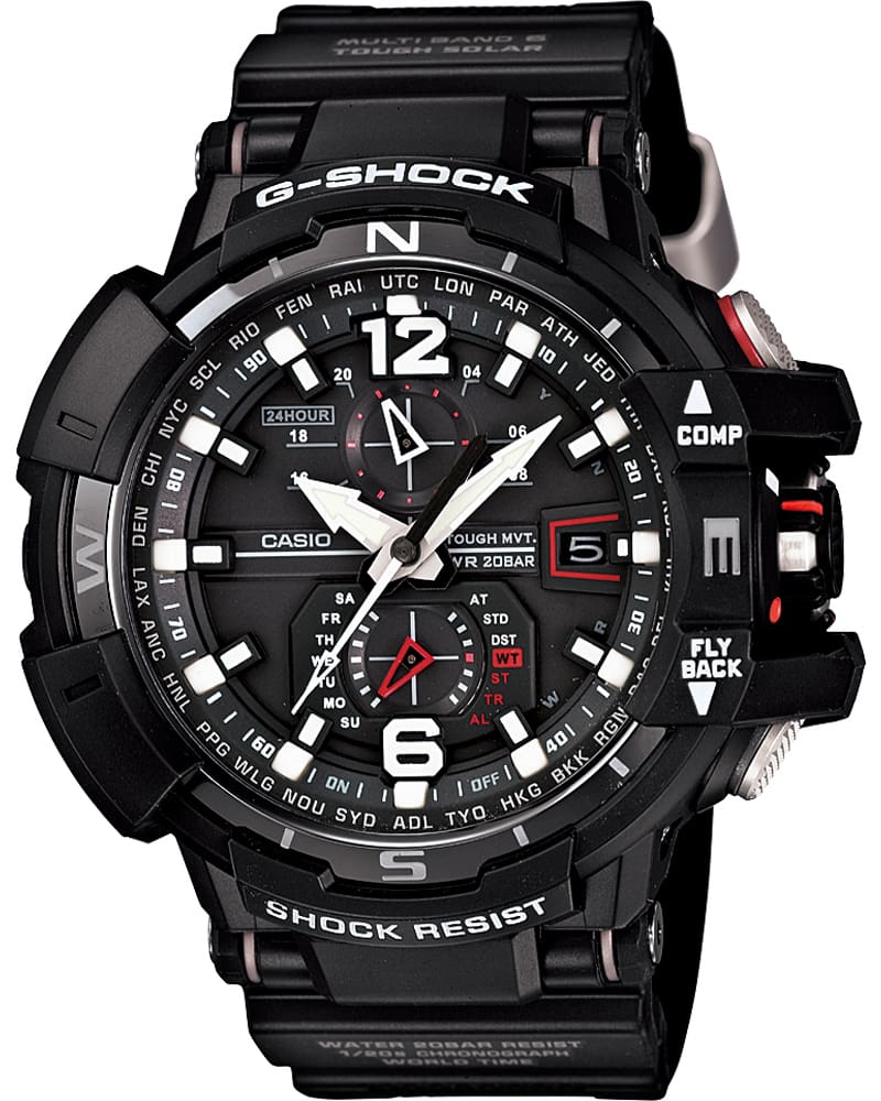 De “GW-A1100” chronograaf van G-SHOCK met een zwarte en grijze band, witte wijzers en robuuste knoppen links en rechts van de kast.