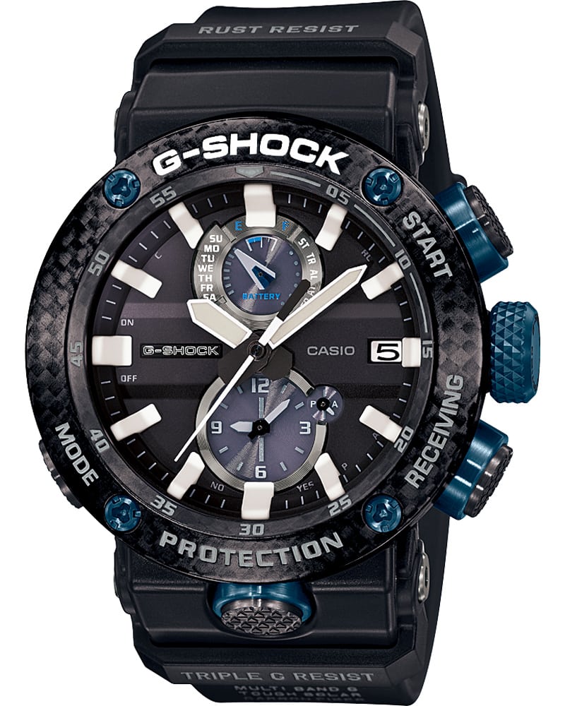 De zwart-blauwe “GWR-B1000” chronograaf van G-SHOCK met ronde kast, witte displays en grote knoppen aan de rechterkant van de kast.