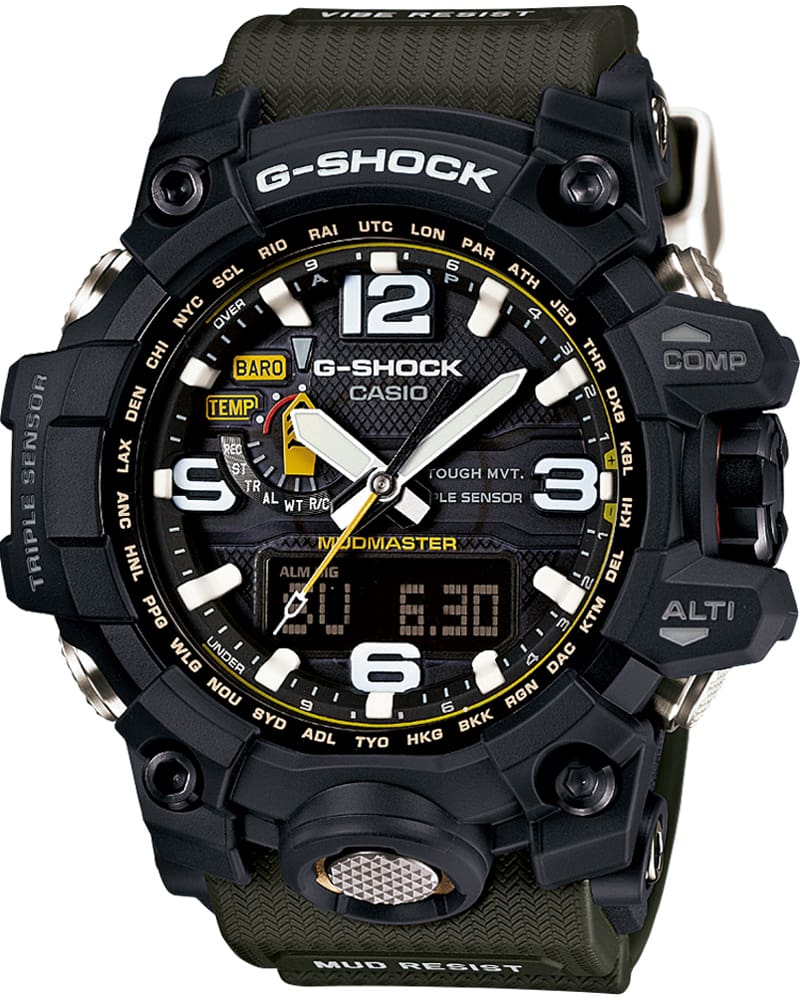 Het GWG-1000 polshorloge uit de “Mudmaster” serie met olijfgroene stoffen band, analoge weergave en stevige kast die met grote schroeven aan de band bevestigd is.