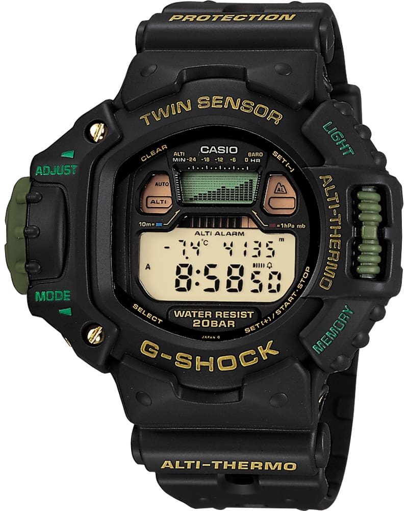 De zwarte G-SHOCK DW-6700J met digitale display heeft een opvallende groene knop voor het instellen van de modus aan de linkerkant van de ronde kast