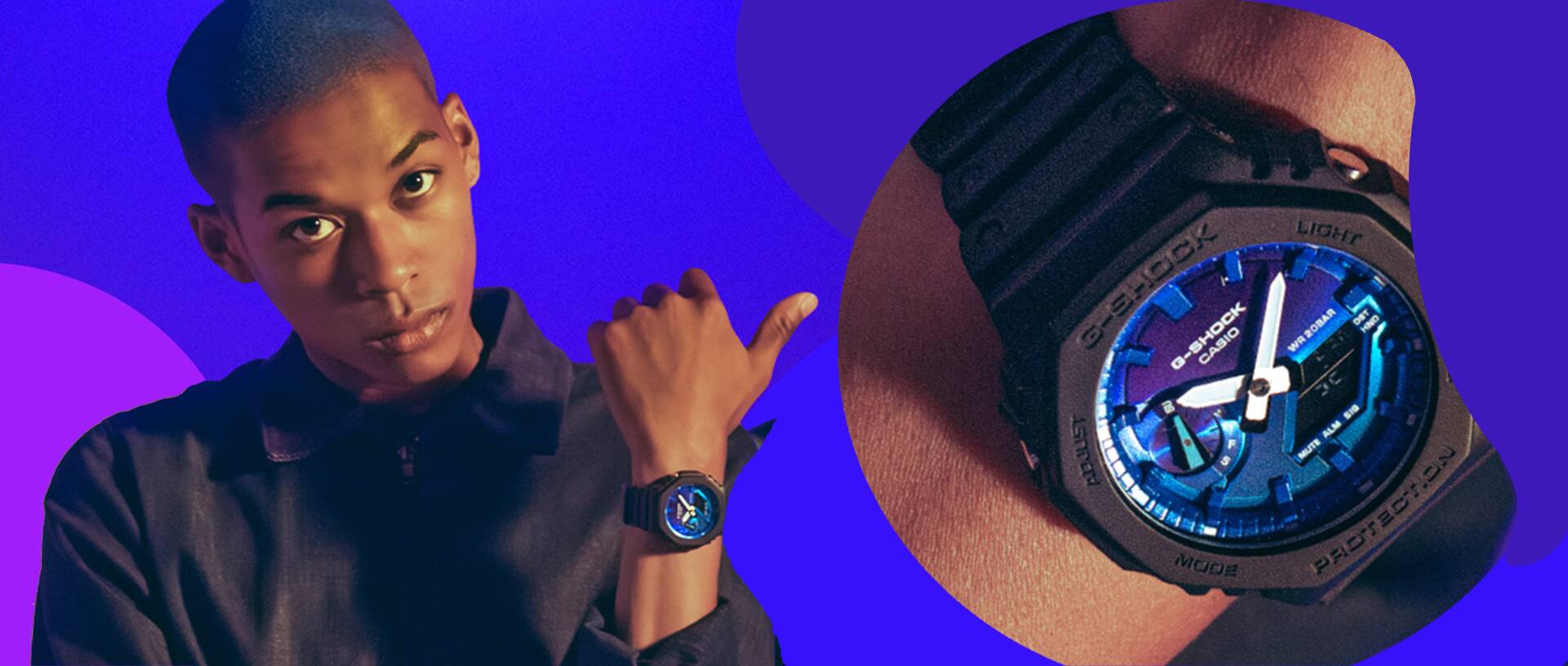 Een jongeman voor een blauwe achtergrond en met een blauw Flame-Inside-G-Shock horloge om zijn pols