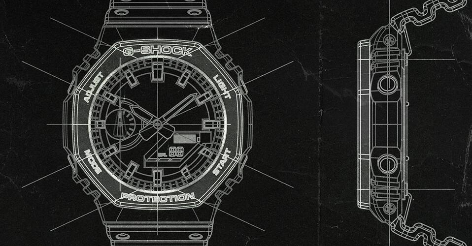 Technische tekening van het GA-2100 polshorloge van G-Shock