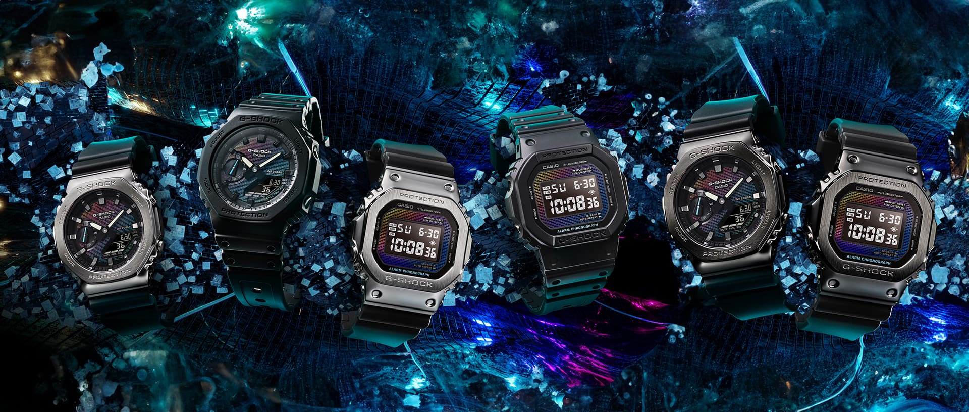 De G-SHOCK “Rainbow Brick Wall” serie: Zes horlogemodellen naast elkaar met kleurrijke baksteenpatronen op de lunette