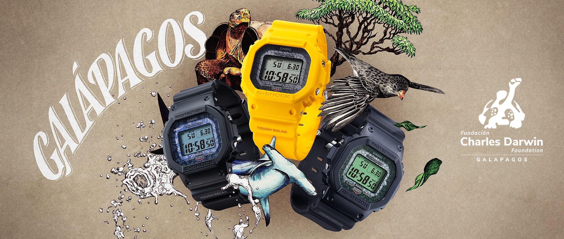 Belangrijke beelden van de "Charles Darwin Foundation" samenwerking horloges van G-SHOCK met de Darwin vink, de Galapagos reuzenschildpad en de hamerhaai.