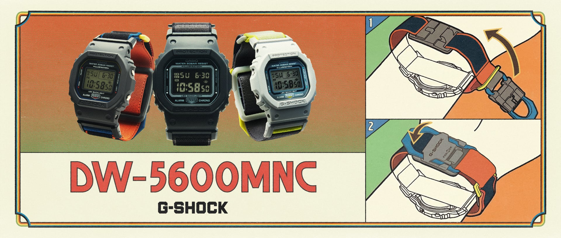 Een collage van productfoto’s van de G-SHOCK DW-5600MNC in verschillende kleurvarianten, aangevuld met illustraties die in twee stappen laten zien hoe het verwisselbare bandjessysteem werkt.