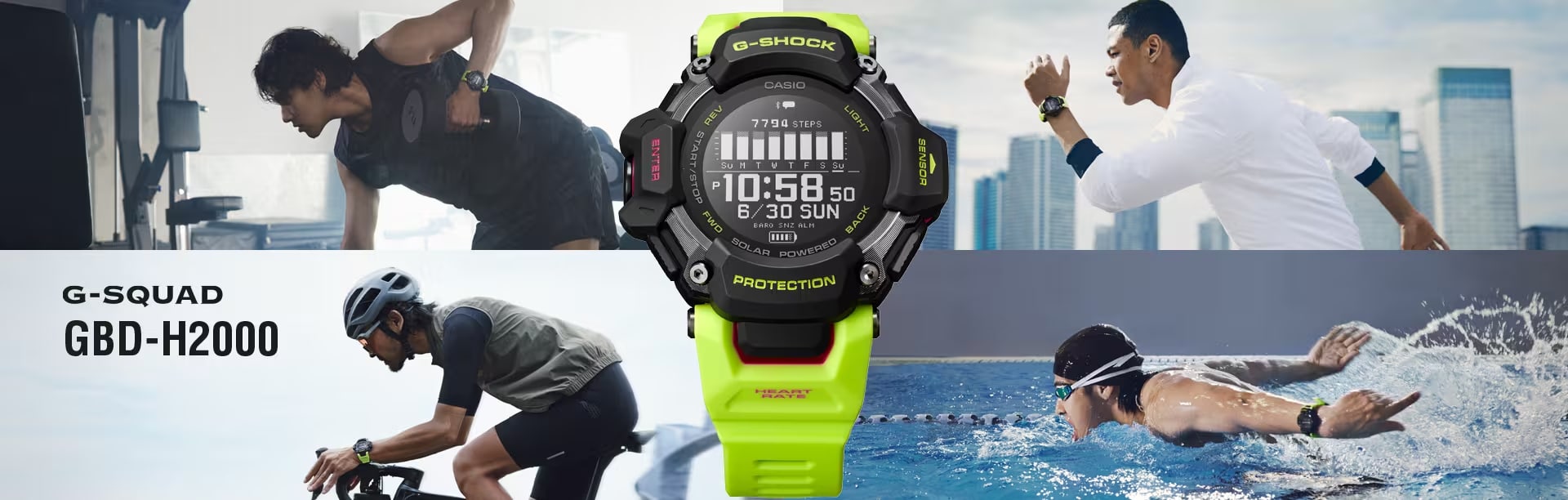 Vier sportscènes op de achtergrond die het G-SHOCK GBD-H2000 sporthorloge dragen. Op de voorgrond een productfoto van het horloge.