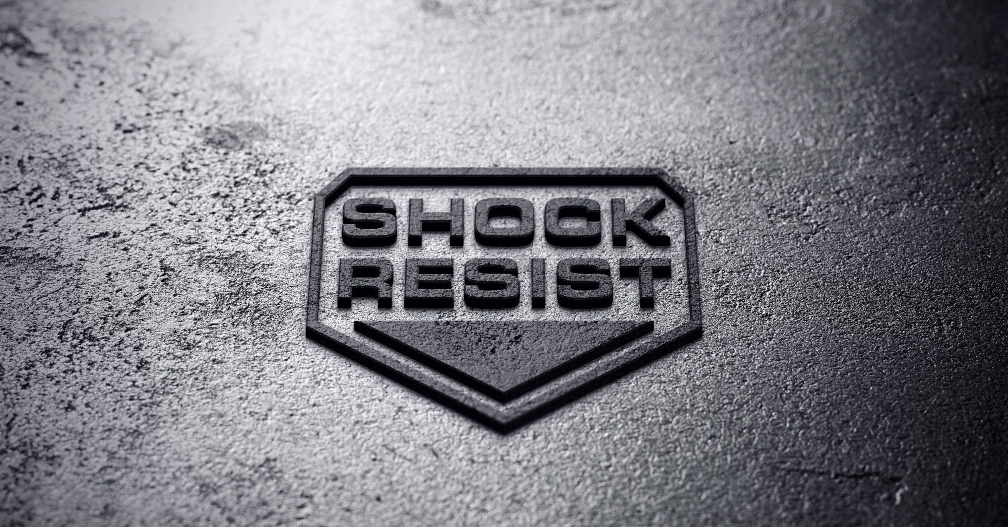 "SHOCK RESIST" uitgehouwen in steen