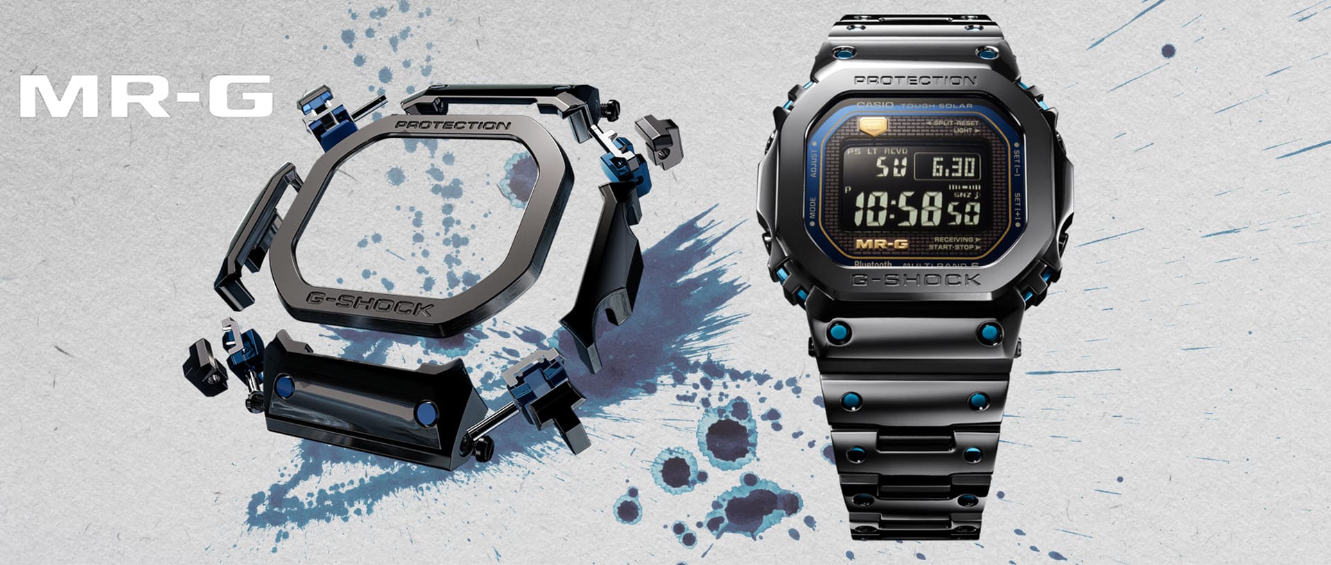 Het MR-G B5000BA-1ADR polshorloge van G-SHOCK met rechthoekige kast en blauwe kleuraccenten.