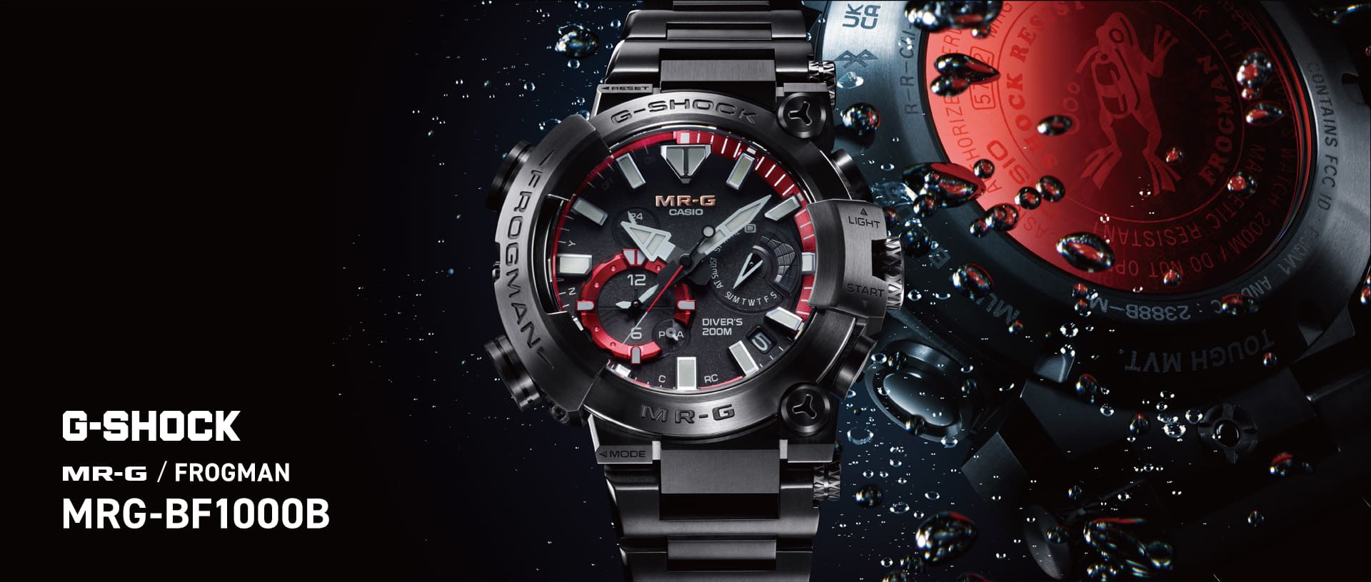 Key visual van de MRG-BF1000B van G-SHOCK: Het horloge voor een close-up van de achterkant van de kast, waarop een kikker te zien is, in het water