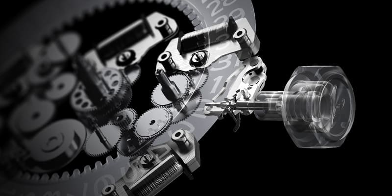Close-up van het mechanisme en de kroonknop