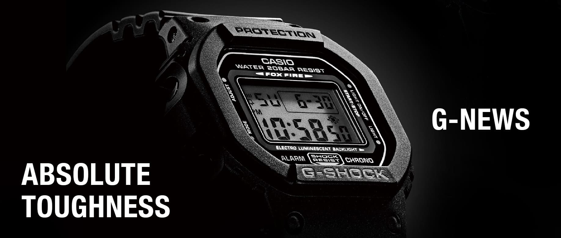 O relógio de pulso G-SHOCK DW-5600 preto com ecrã digital, com a inscrição “Absolute Toughness” à esquerda e “G-NEWS” à direita