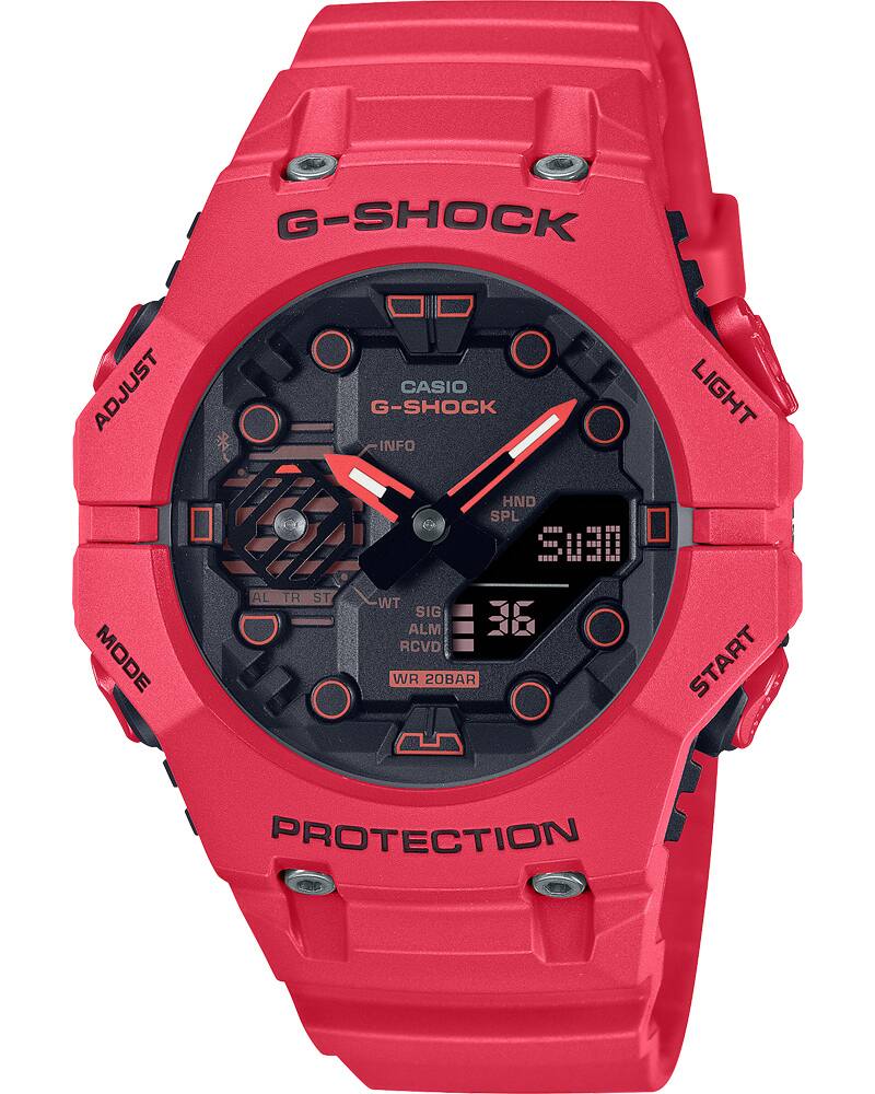 Relógio de pulso “GA-B001” com bracelete e caixa em resina vermelha, mostrador analógico preto e pontos vermelhos como índices.