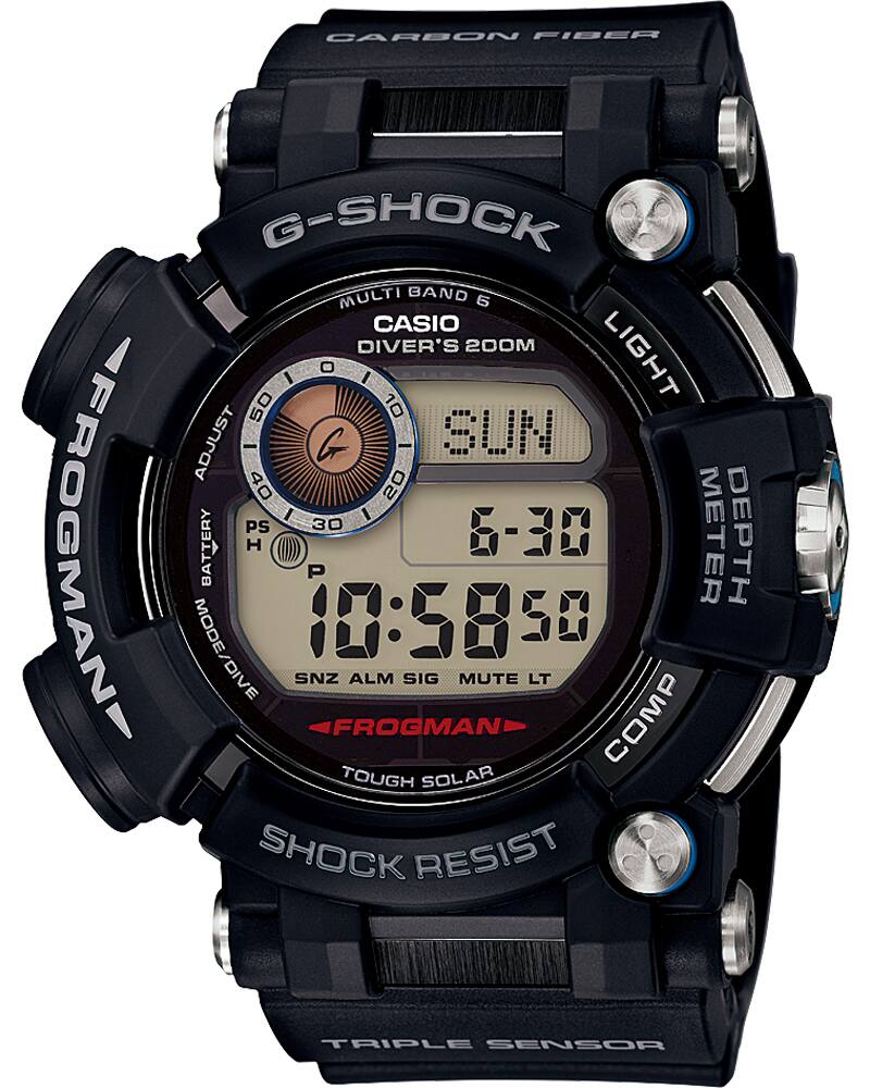 O GWF-D1000 Frogman com bracelete e caixa pretas e mostrador digital assimétrico, bem como pormenores prateados na caixa.