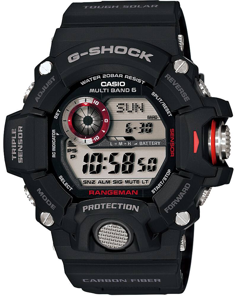 O relógio de pulso Rangeman “GW-9400J” preto com botões sólidos à esquerda e à direita da caixa e detalhes vermelhos no mostrador digital.