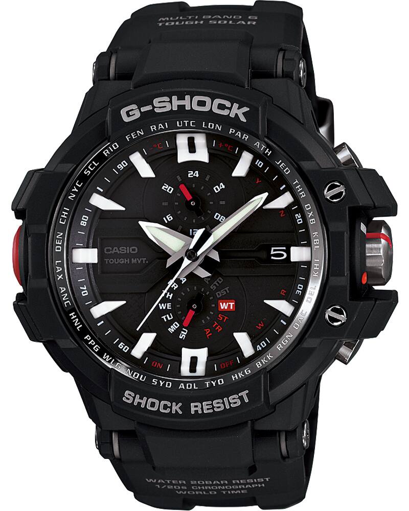 O relógio Gravitymaster “GW-A1000” da G-SHOCK com mostrador analógico de grandes dimensões, ponteiros brancos e pormenores vermelhos no mostrador.