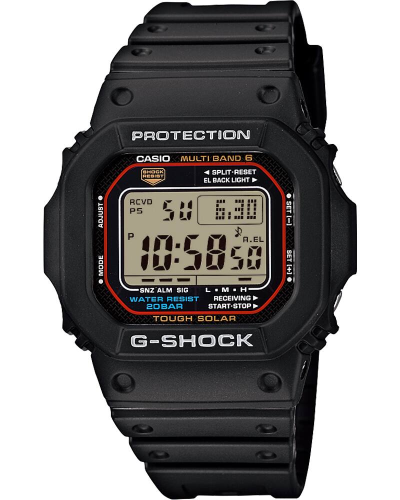 O relógio digital GW-M5610 com bracelete de resina preta e caixa retangular.