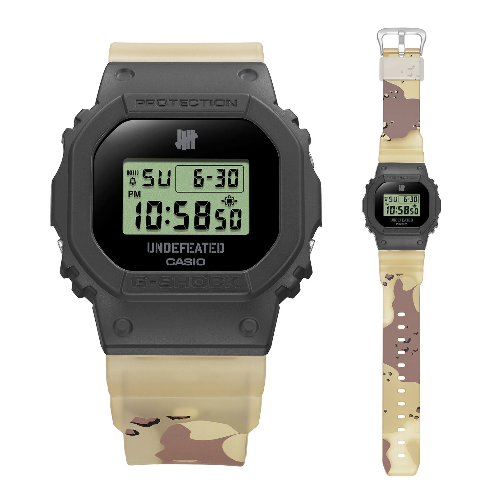 Grande plano do mostrador e da caixa do DWE-5600UD-1 com a bracelete semi-transparente em camuflagem de tempestade, à direita: Vista completa do relógio com a bracelete com padrão em tons de castanho claro e bege