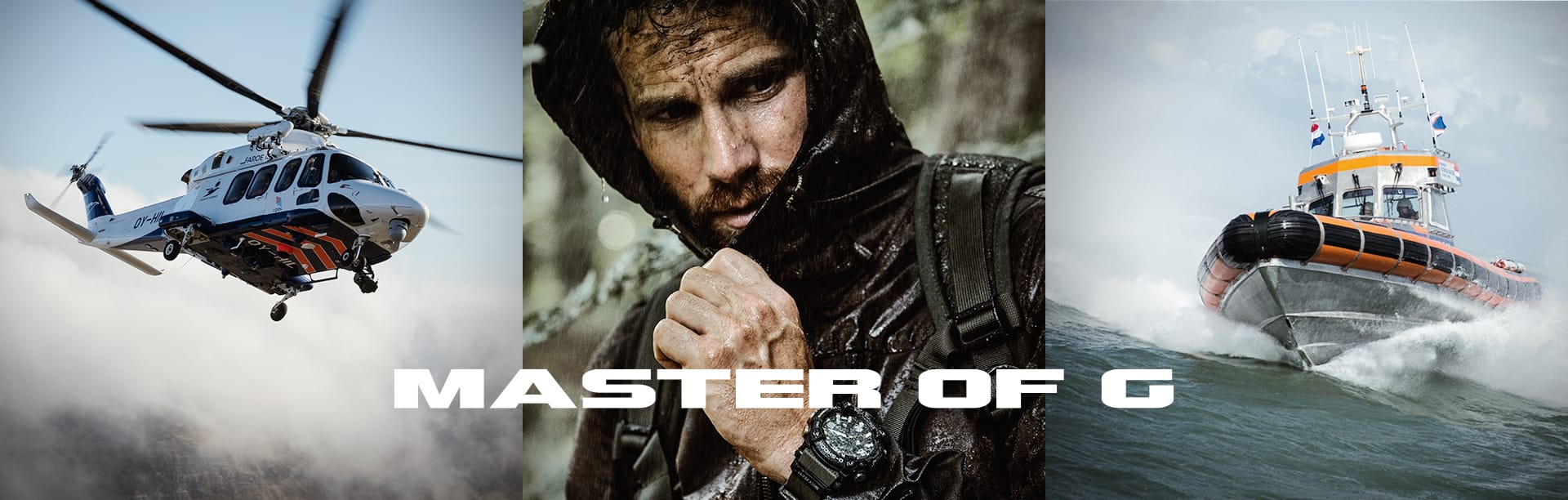 Colagem de três situações diferentes: um corte no mar, um helicóptero sobrevoando montanhas e, ao centro, um homem de capa de chuva na floresta, usando um relógio G-SHOCK Master of G. O relógio traz a inscrição "Master of G".