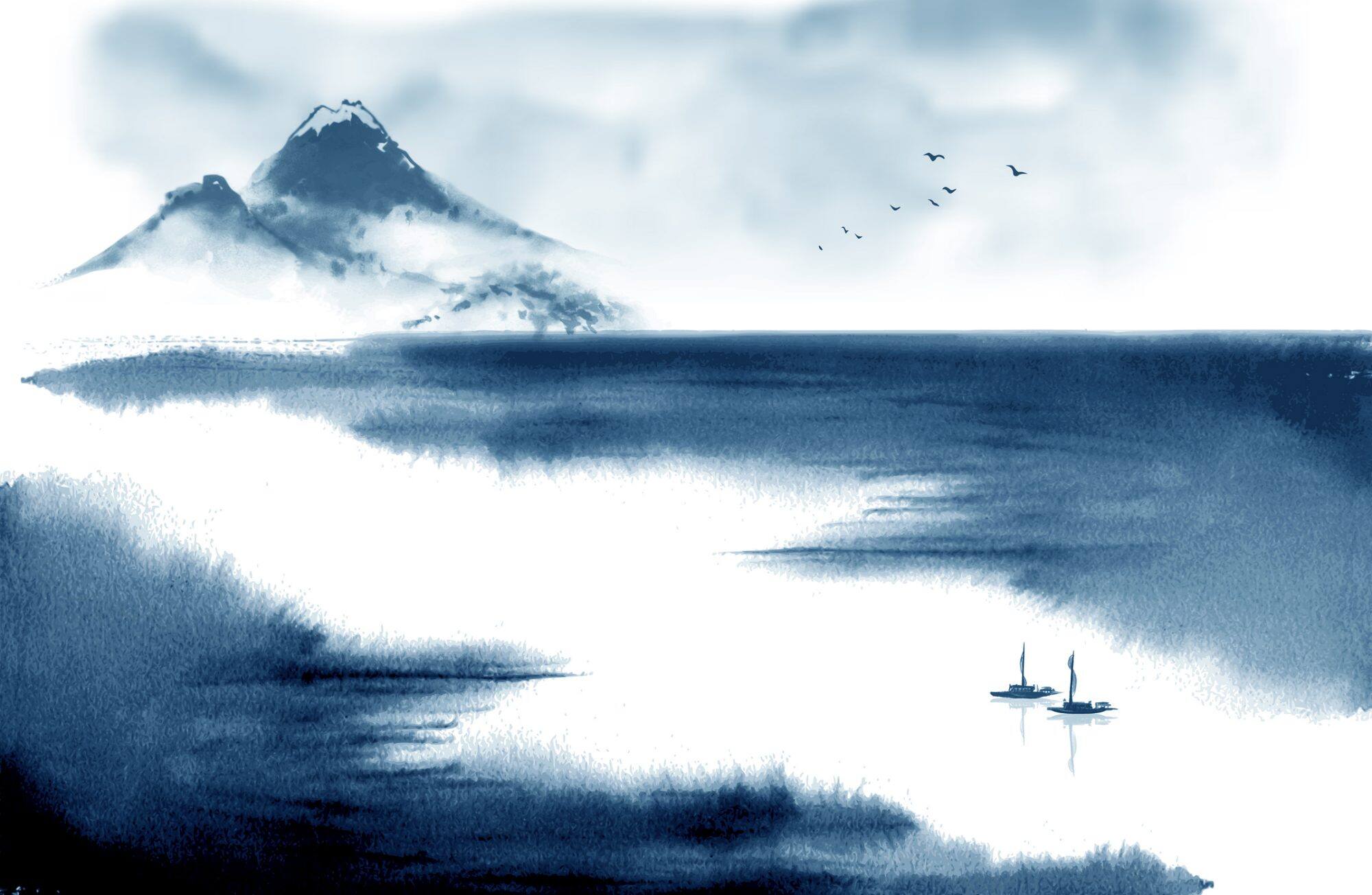 Uma pintura de estilo ao-zumi de um lago com dois pequenos barcos e uma cadeia de montanhas em fundo 