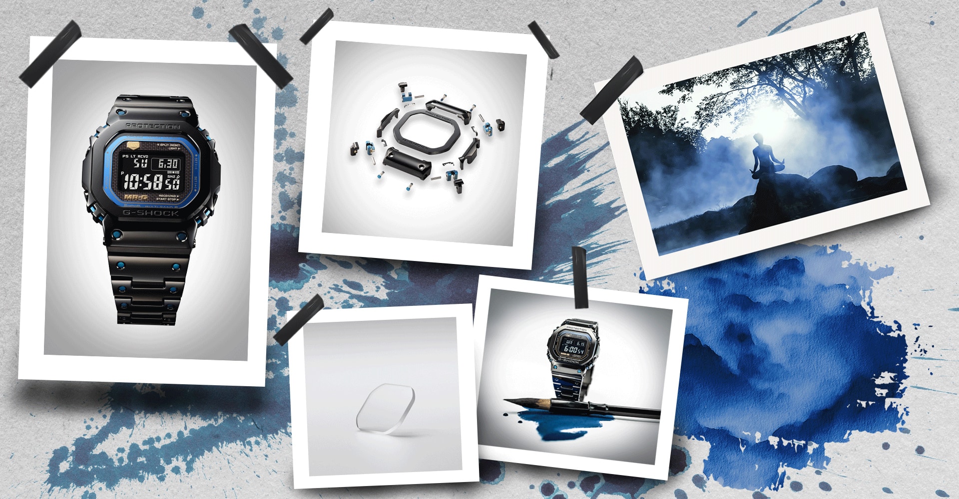 Uma colagem de imagens e detalhes do relógio de pulso MRG-B5000BA da G-SHOCK com a sua bracelete em titânio preto, vidro de safira e partes individuais da caixa retangular.