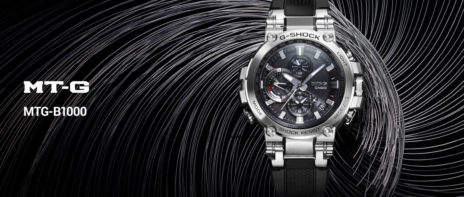 O G-SHOCK MTG-B1000 Chronograph com caixa redonda de metal e bracelete de resina preta sobre um fundo ondulado preto e prateado