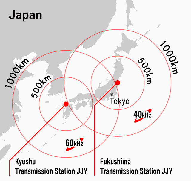 Os diferentes alcances do sinal de rádio do Japão em um mapa com radar.