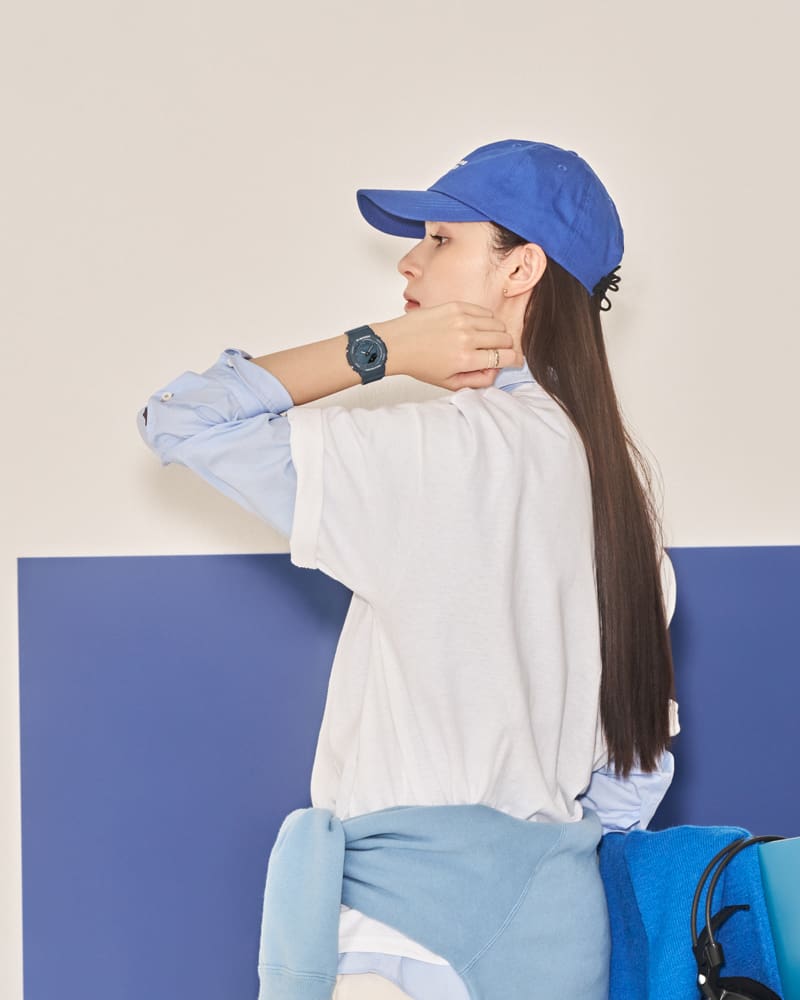 Image of a woman wearing the G-SHOCK GMA-P2100BA-2A.
