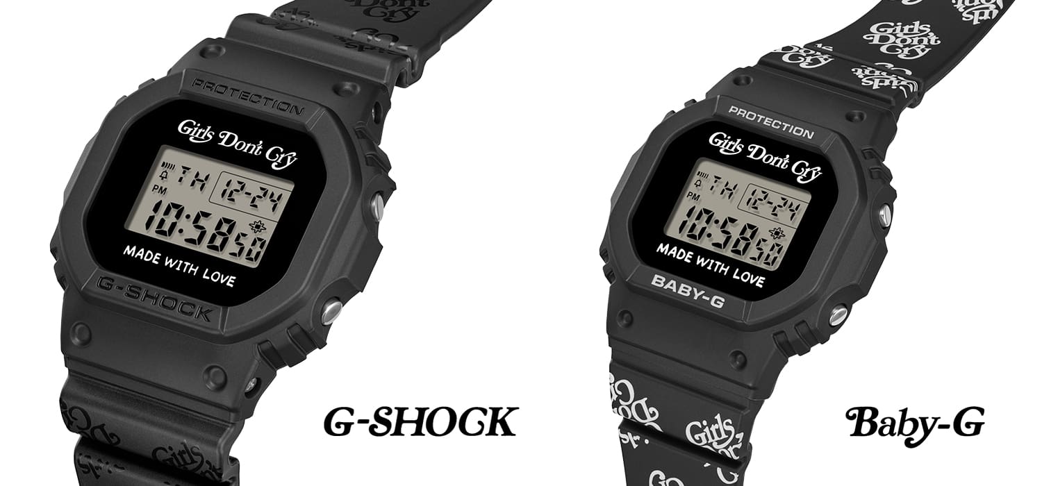 VERDY'nin Girls Don't Cry iş birliğiyle tasarlanan siyah G-SHOCK ve BABY-G çiftlere özel saatlerin kadranlarında "Girls Don't Cry" ve "MADE WITH LOVE" ifadeleri yer alıyor.