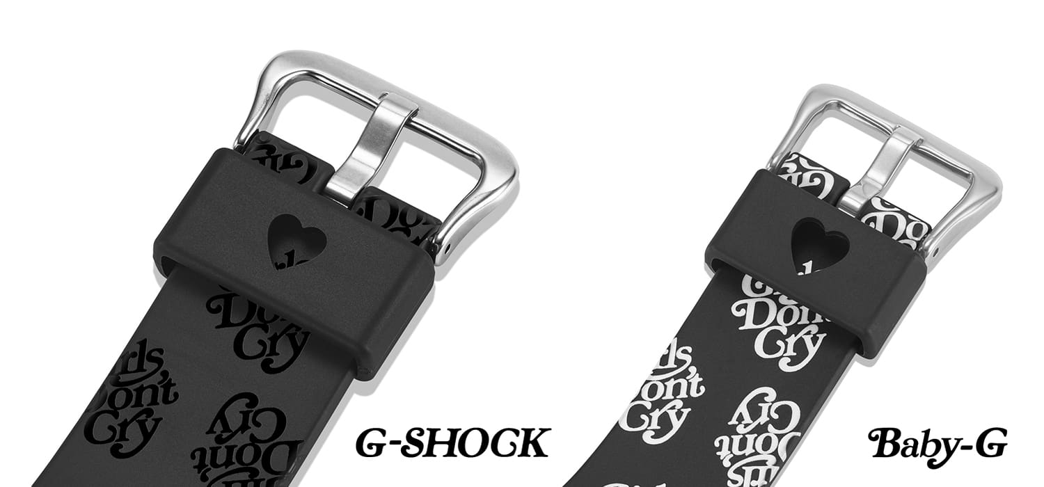 Kalp şeklinde kesim detayına sahip G-SHOCK ve BABY-G (LOV-26A-1) kordon halkalarının yakın plan görüntüsü.