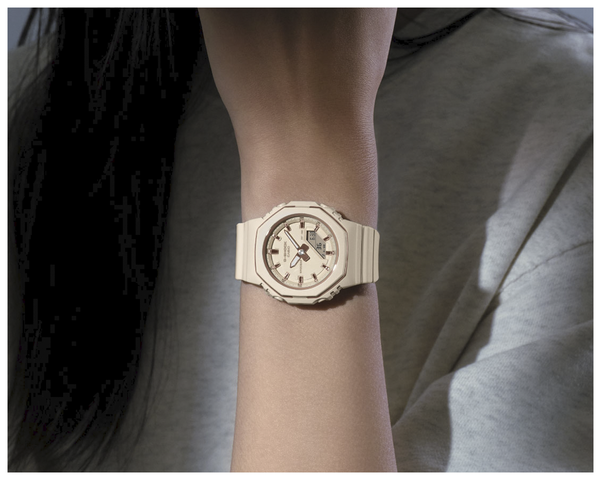 Close-up image of a woman wearing GMA-P2110-4A.