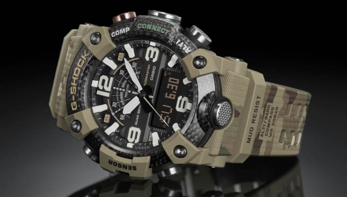 The Mudmaster model GG-B100BA-1AER by G-SHOCK and BURTON on a black background.