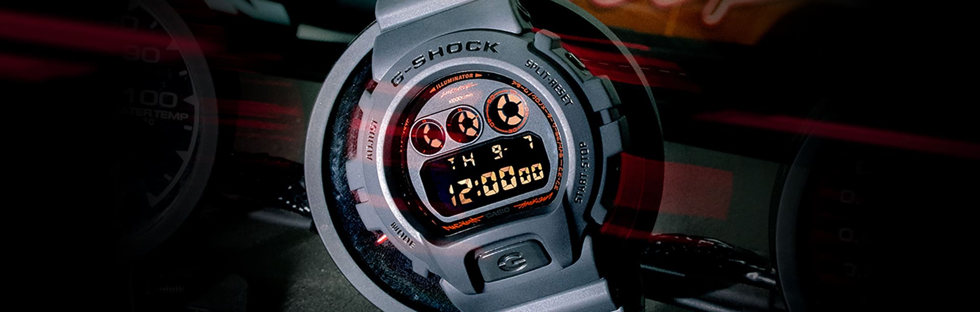 Livestock x G-SHOCK DW6900LVS238 watch resting on a street race car gauge cluster