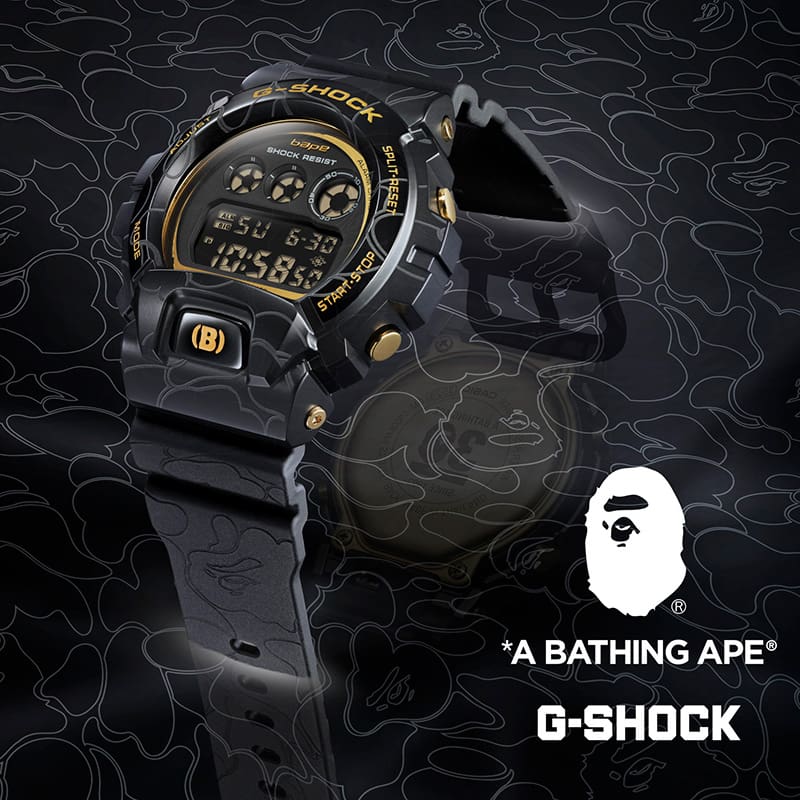 BAPE x G-SHOCK GM6900BAPE-1 with a black BAPE camo pattern background