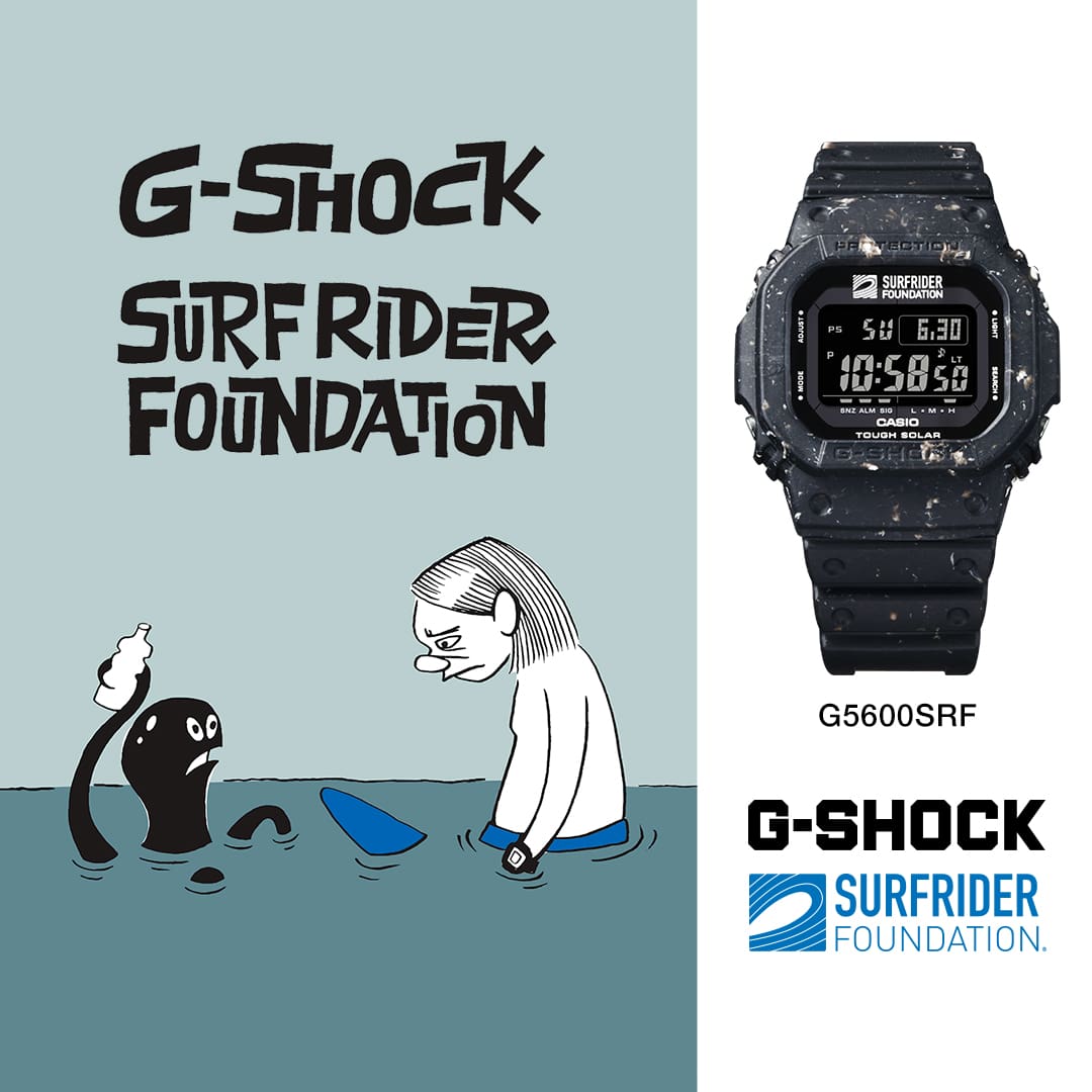 G5600SRF Surfrider Foundation G-SHOCK collaboration watch, with cartoon background of a surfer sitting on his surfboard  with a sad face as an octopus showing him letter found in the ocean
