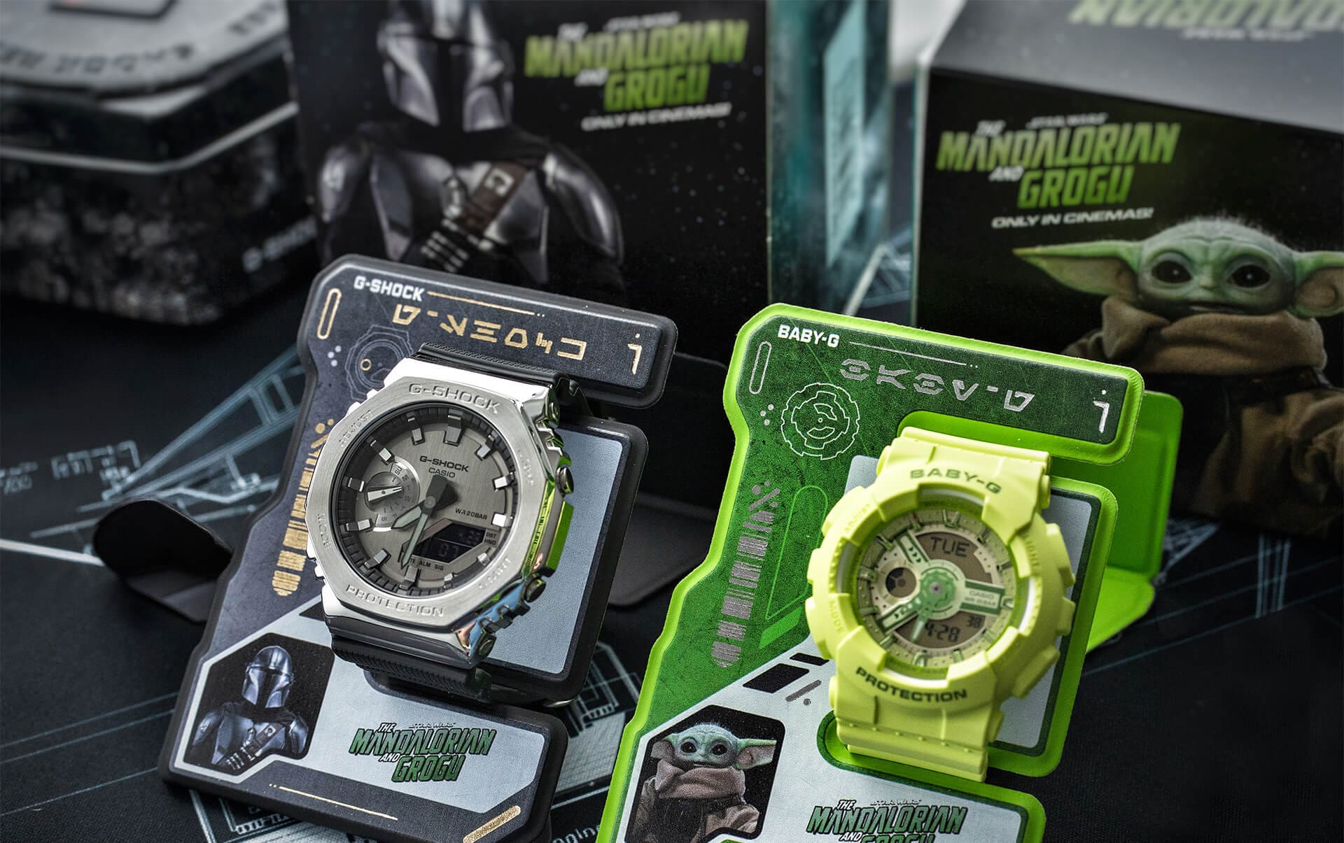 G-SHOCK Mandalorian GM2100-1ASW, BABY-G Grogu BA110YK-3ASW watches in display 