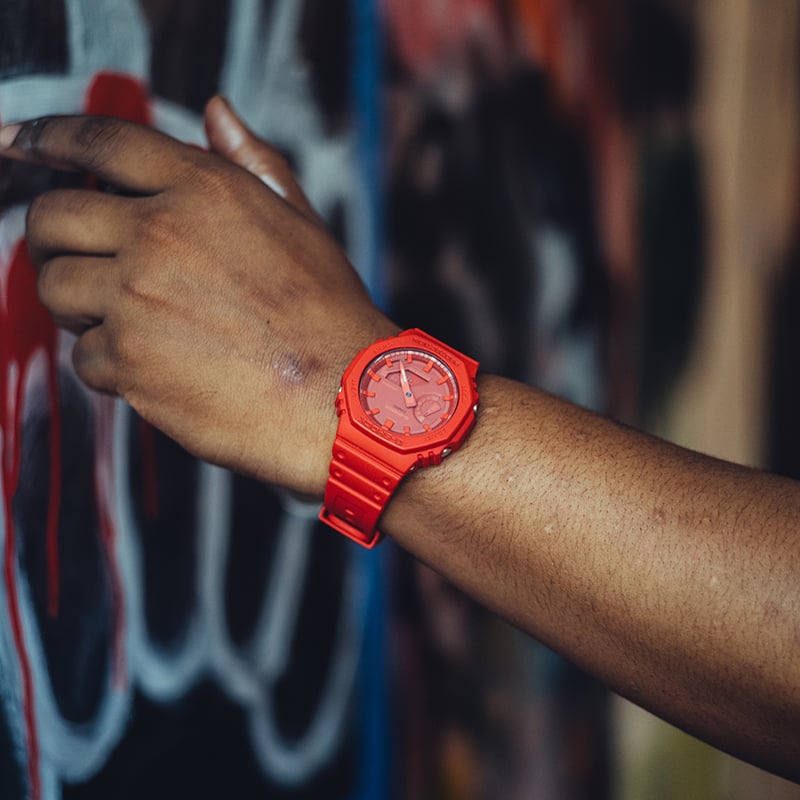 Amani Heywood wearing a red GA-2100-4A G-SHOCK watch