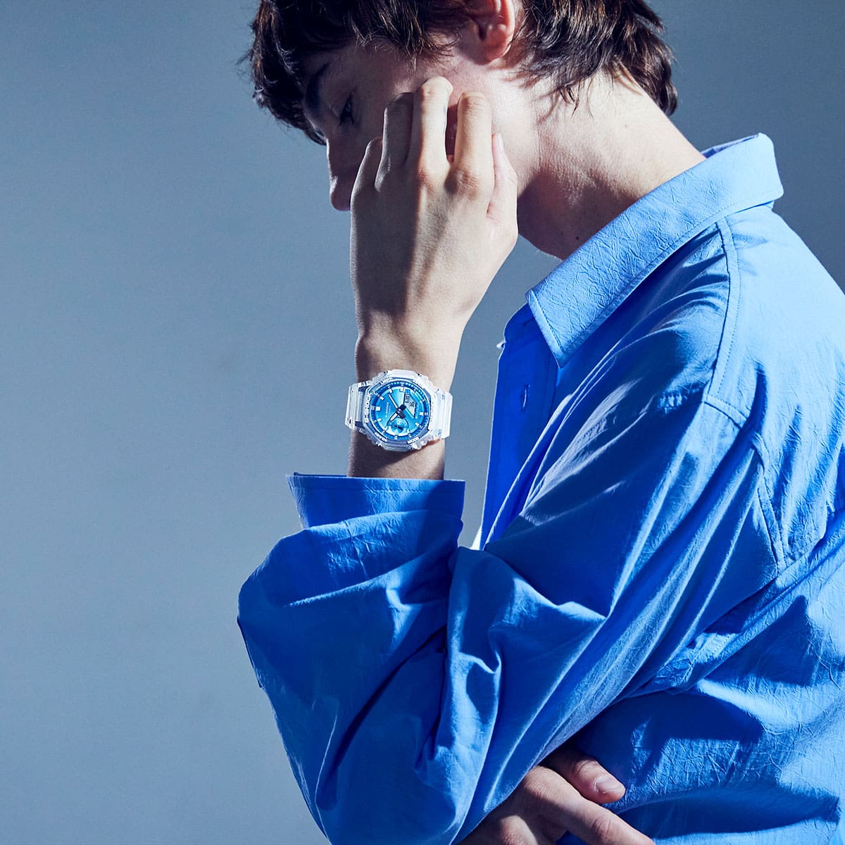 G-Shock Fashion Photo, Model wearing GA2100BM-7A2 blue dialed analog digital watch