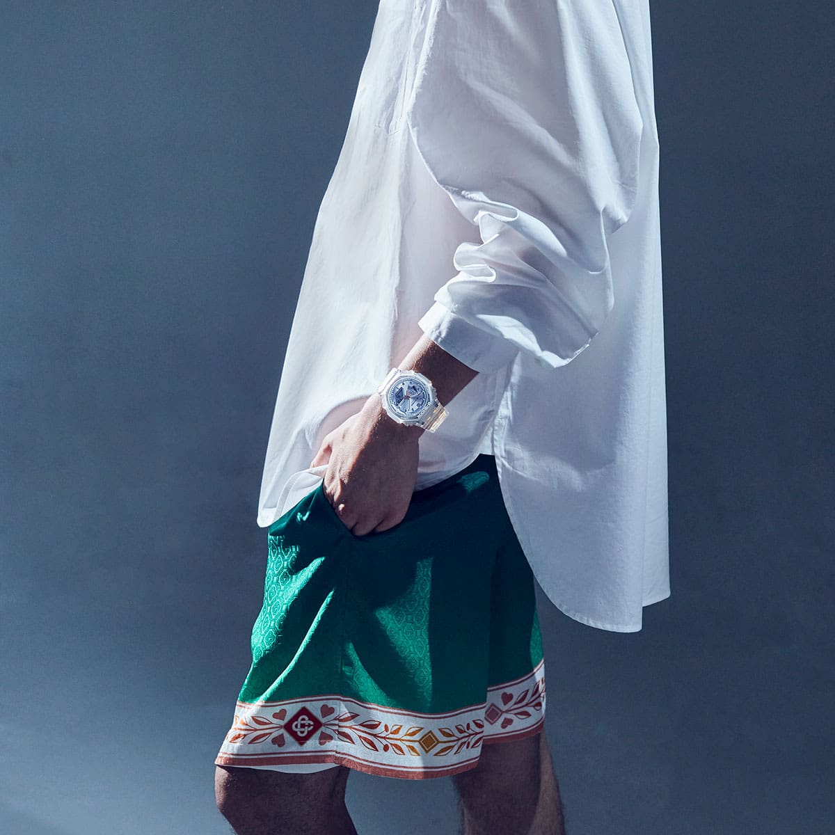 G-Shock Fashion Photo, Model wearing GA2100BM-7A5 silver dialed analog digital watch