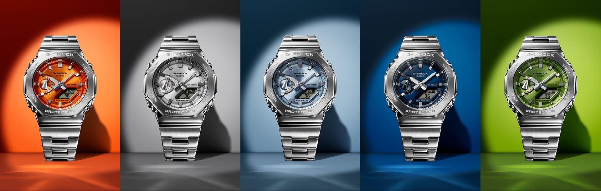 From left: orange GM2110D-4A, silver GM2110D-7A, light blue GM2110D-2A, navy blue GM2110D-2B, green GM2110D-3A watches
