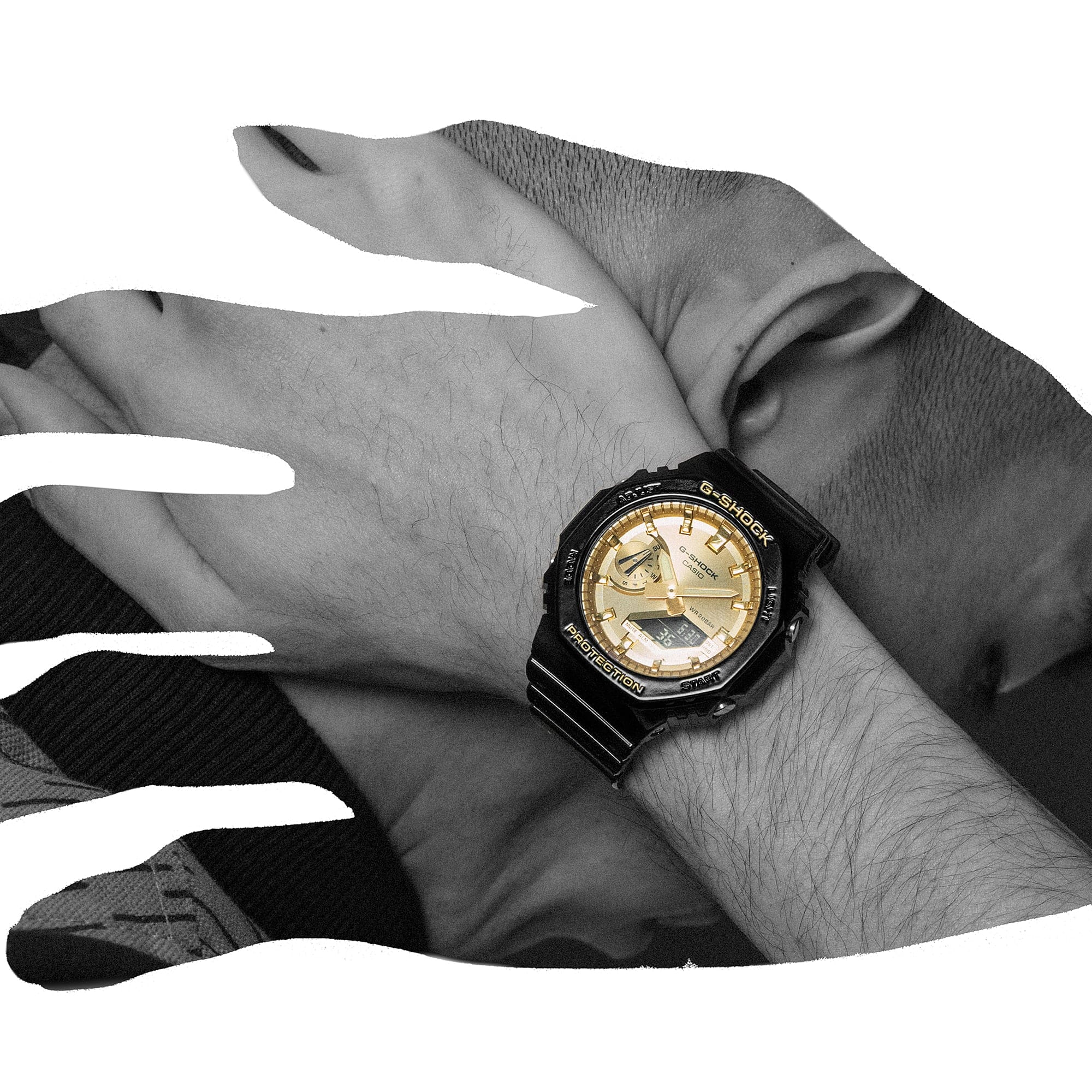 Hand silhouette of G-SHOCK GA-2100GB-1A Black and Gold analog-digital watch