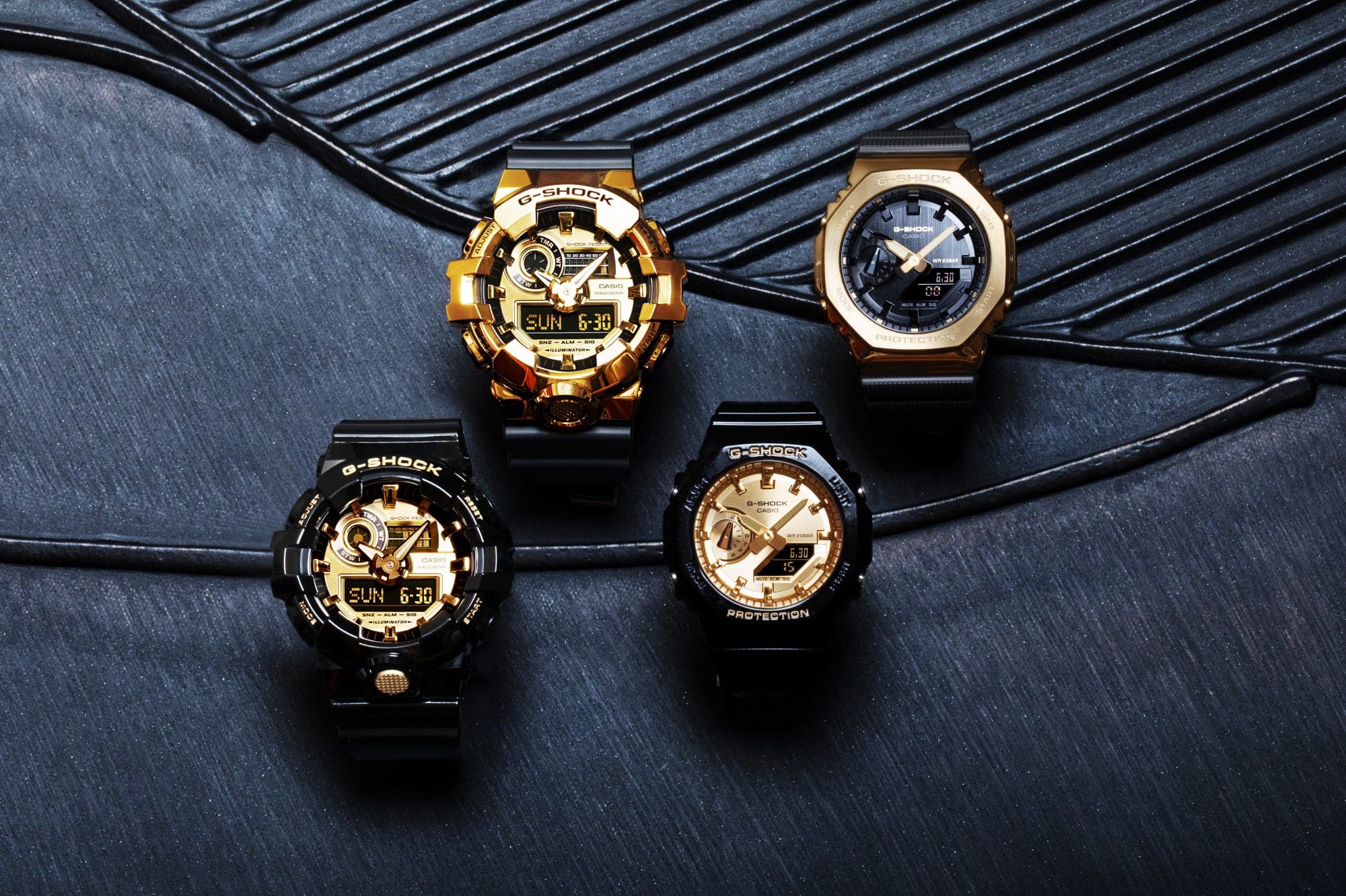 G-SHOCK Black and Gold GA710GB-1A, GA2100GB-1A, GM700G-9A, GM2100G-1A9 watches