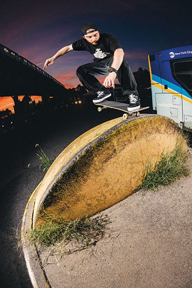Skateboarder wearing a G-SHOCK Caution Yellow watch doing a trick