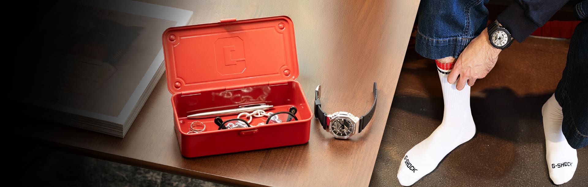 Father’s Day Watch  montage of closeups: G- SHOCK socks and red  steel case, free gifts after purchase of watch for dad
